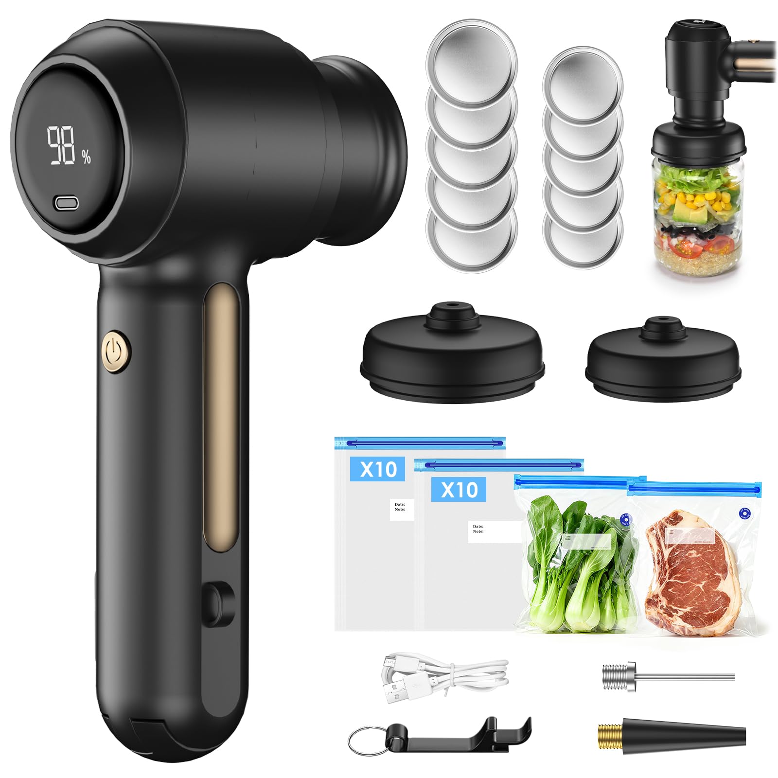 Handheld Mason Jar Vacuum Sealer Kit with 20 Reusable Vacuum Bags, 10 Mason Lids, 3-in-1 Electric Vacuum Sealer, Compact Vacuum Seal Machine, Portable Food Sealer, Ideal Gifts for Mom, Wife (Black)