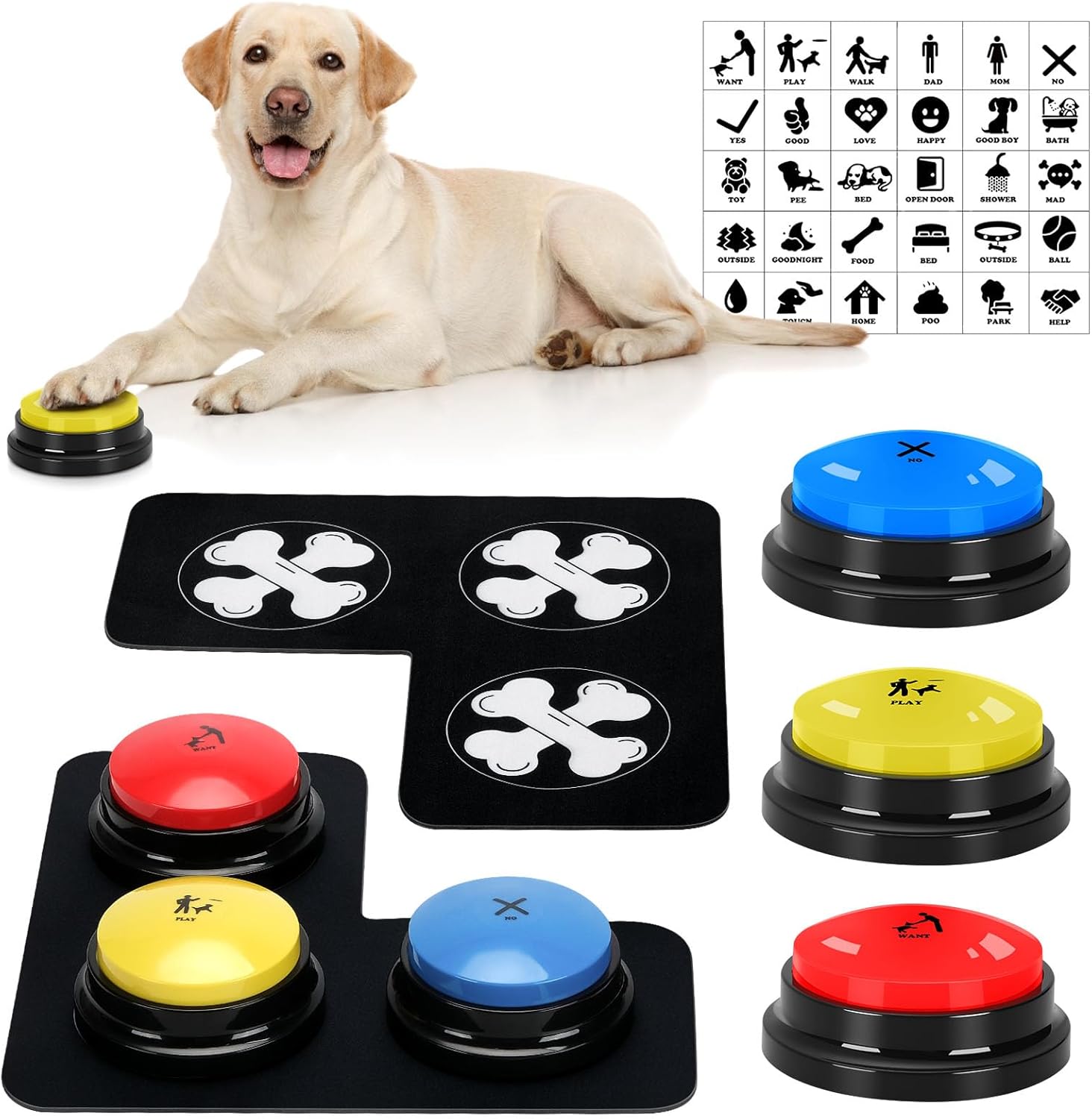 Dog Buttons for Communication Starter Pack 3 Dog Talking Button Set, 30s Voice Recording Speaking Button Pet Speech Training Buzzers with 30 Scene Stickers and Dog Button Mat for Animal Training