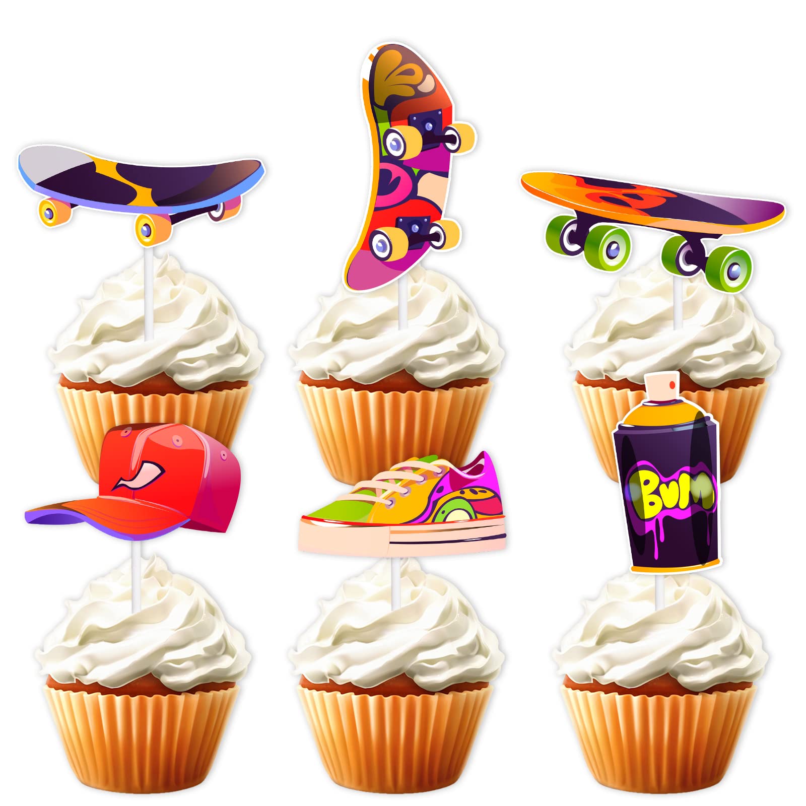 18pcs Colorful Glitter Skateboard Dessert Cupcake Topper Cheer to 80s 90s Skateboarder Extreme Skateboarding Theme Decor Supplies Boy Girl Happy