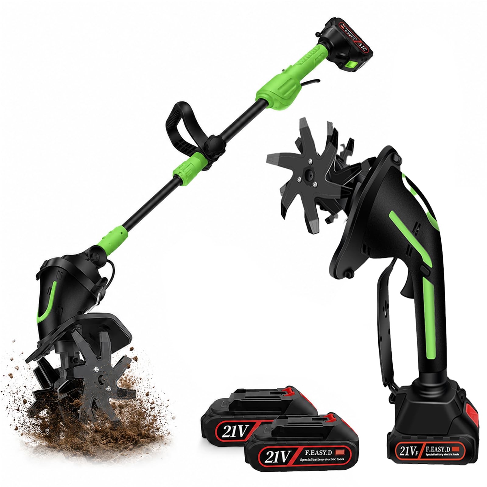 Eiwitany Cordless Electric Garden Tiller Cultivator with Extended Long Handle & 2 Batteries, Multi-Purpose for Soil Loosening and Weeding