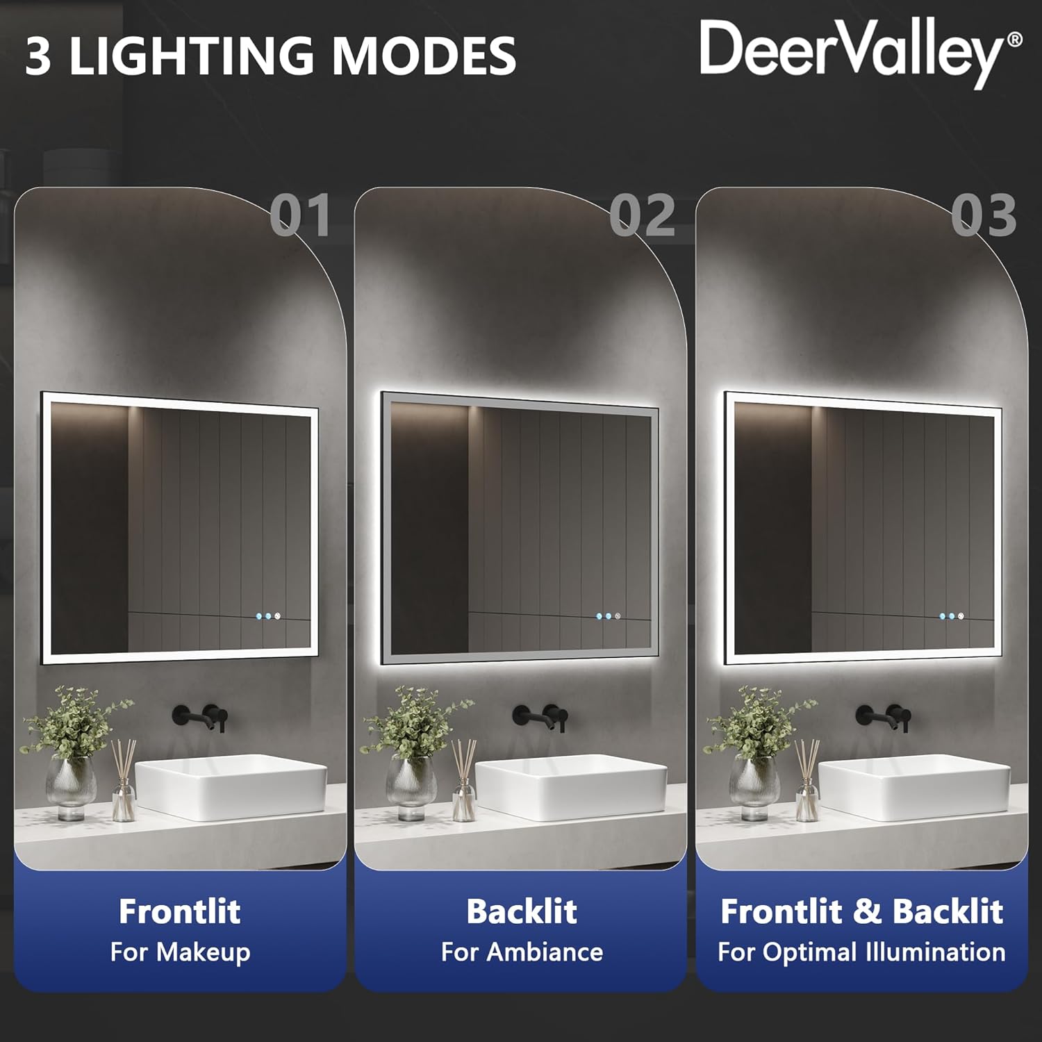 DeerValley 32" x 40" LED Bathroom Mirror with Lights, Lighted Vanity Mirror, Front and Backlit, Double Lights Strips, Anti Fog, Dimmable, Memory Function, Wall Mounted Smart Mirror