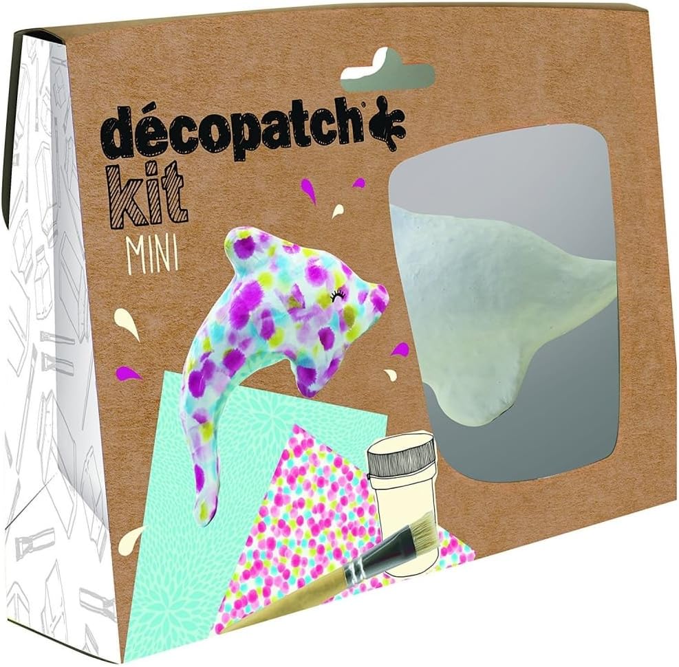 Décopatch - Ref KIT012O - Cat Mini Kit - Suitable for Children - Includes White Papier Mache Animal, 2 x Décopatch Sheets, Brush & Pot of PaperPatch Glue