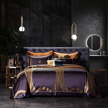 Baroque Design Bedding Sets,25Momme Mulberry Silk,Top Grade Jacquard,Duvet Cover Flat Sheets Pillowcase,Italian Minimalist Style,All Seasons Purple, King C.N. Standard
