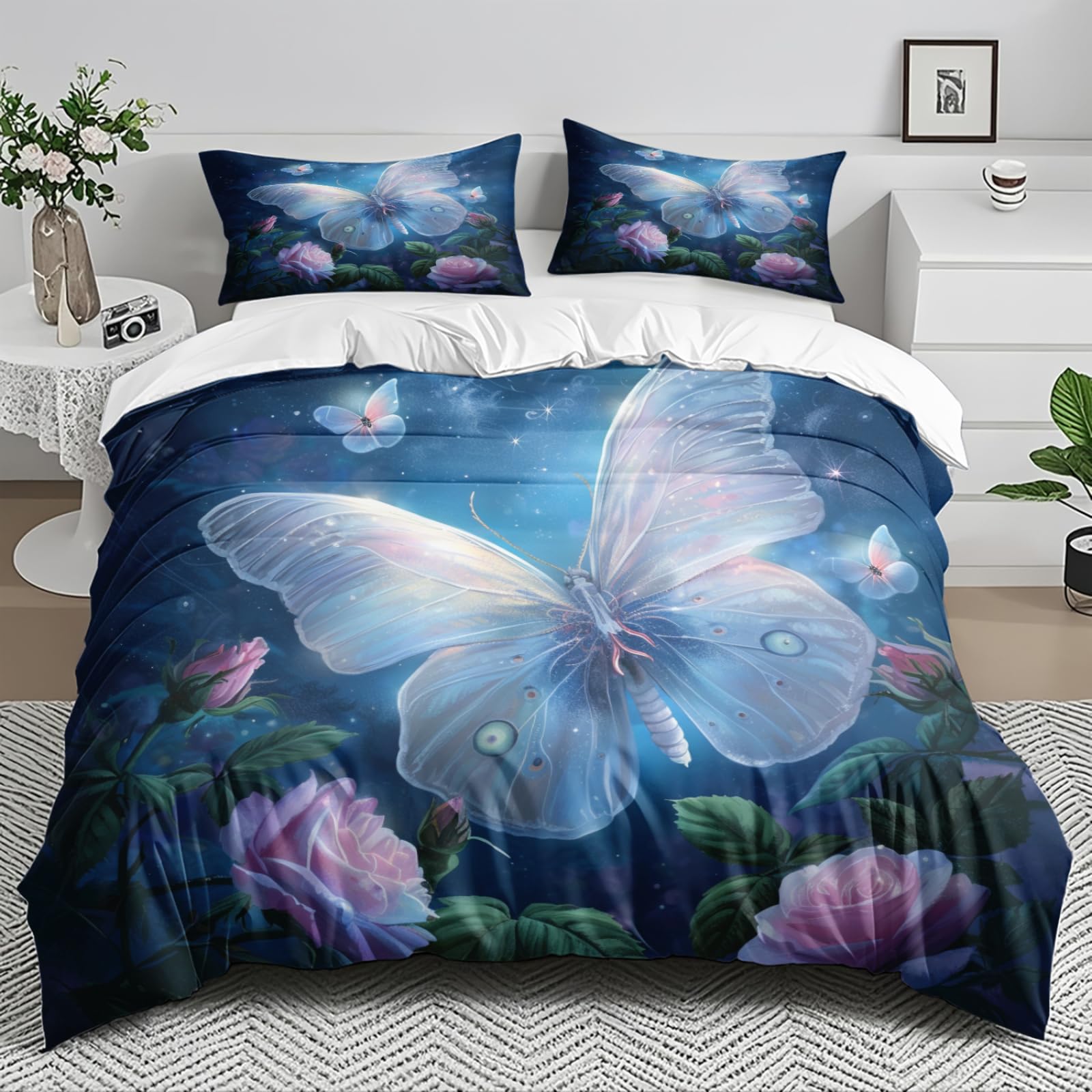 Housse de couette 220x240 cm blanc bleu vert avec 2 taies d'oreiller en microfibre pour lit adulte