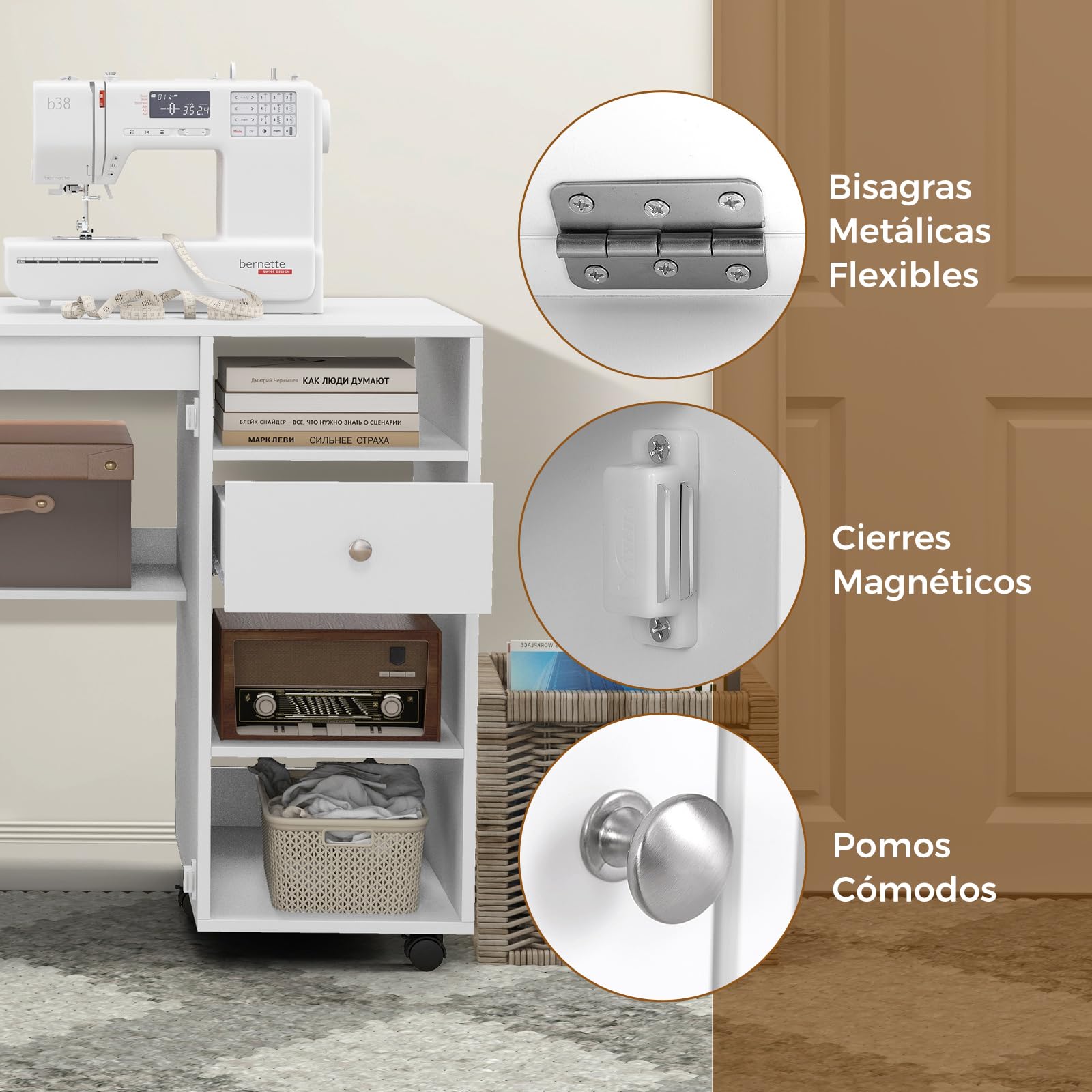 COSTWAY Armarios de Costura, Mesa Plegable de Costura Multifuncional con 3 Estantes de Almacenamiento, 18 Ganchos y 2 Soportes para Hilos, Mesa de Trabajo de Costura Portátil con 6 Ruedas Bloqueables