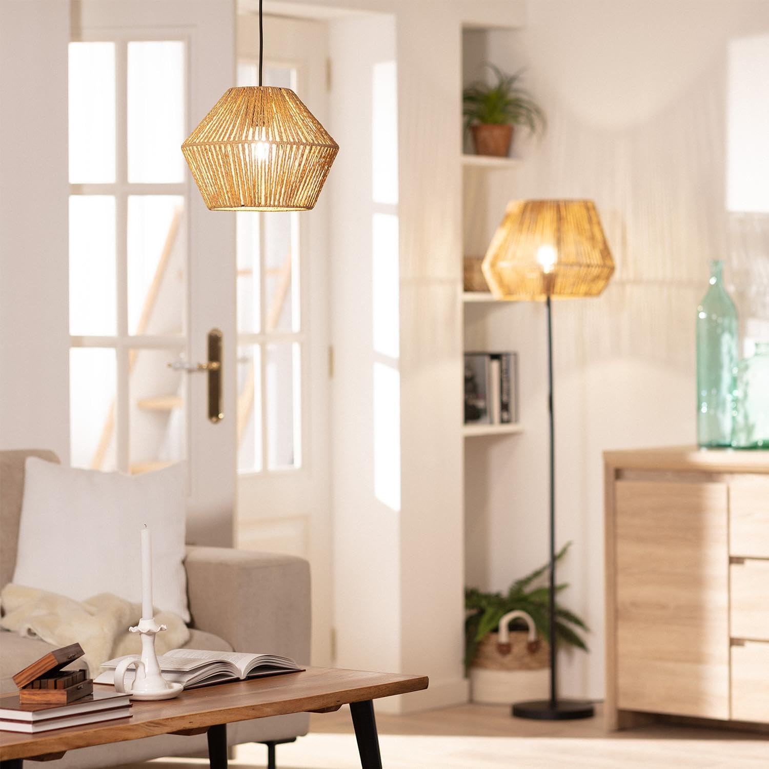 LEDKIA LIGHTING - Lámpara Colgante Kirito | Diseño Elegante y Único | Papel Trenzado Resistente | Compatible con Bombilla E27 | Uso Interior | Cable Ajustable; Natural