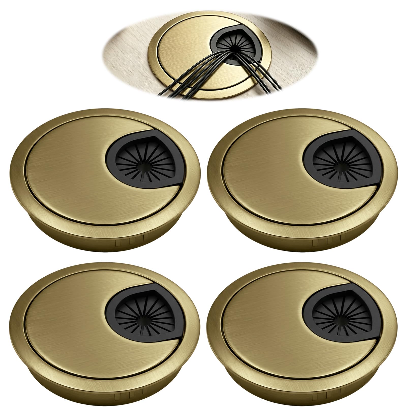 4 PCS Desk Cable Grommet, 60 mm Desk Grommet Cable Management Wire Organizers, Zinc Alloy Hole Cable Grommet with Adjustable Center Cable Hole for Home Office, Gold