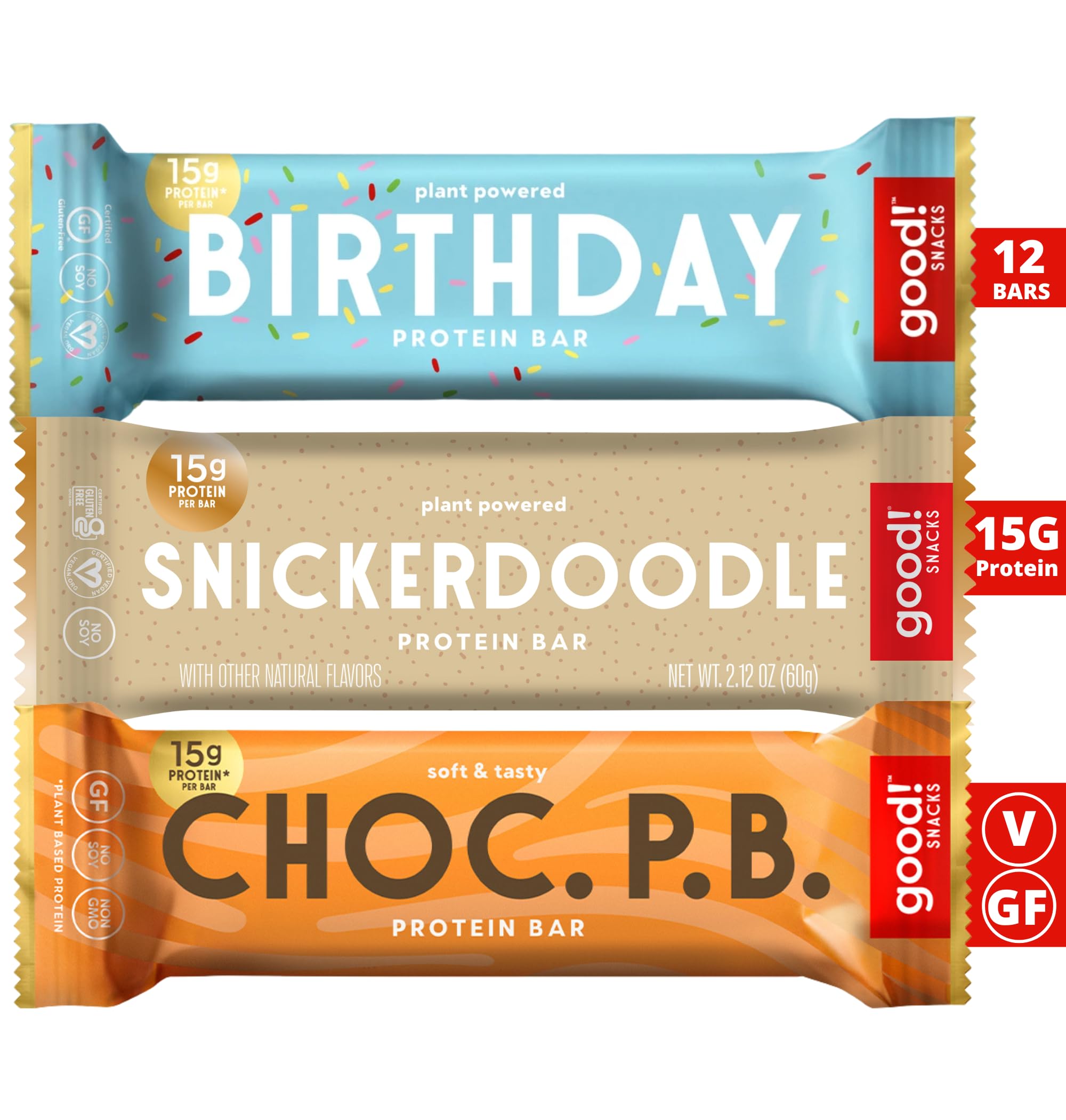 Snacks 3 Flavor Variety Pack, Vegan Protein Bars, Birthday Cake, Chocolate Peanutbutter & Snickerdoodle Protein Bar, Soy & Gluten Free, Plant Based, Low Sugar, 15g Clean Protein, Healthy Superfood Snack, 12 Bars