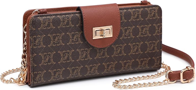 Classic Womens Crossbody Bag, Small Chain Strap Wallet Purse with Phone Compartment & Card Slots, Coffee, 7.8"W x 4.3"H x 1.5"D