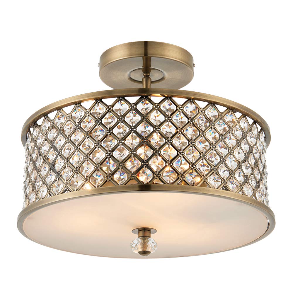 National Lighting Tim Decorative Antique Brass with Crystal Bead Detailing Flush Mount Ceiling Light Fixture Pendant Lamp for Dining Room Bedroom Living Room