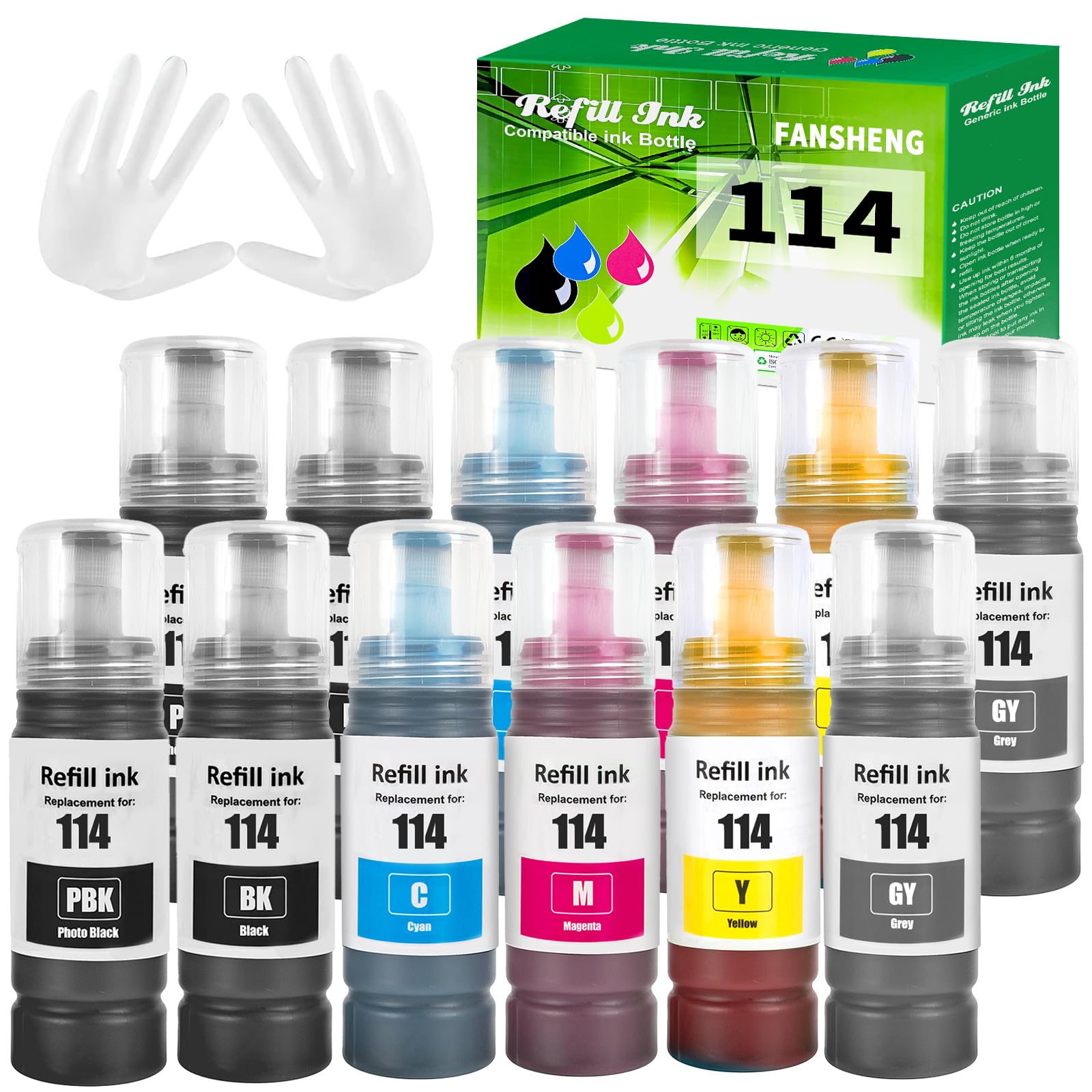 114 Inchiostro Compatibile con Epson 114 Flaconi di Inchiostro per Ecotank ET-8500 ET-8550 (12 Pack,2 Nero/2 Foto Nero/2 Ciano/2 Magenta/2 Giallo/2 Grigio)