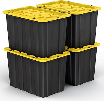 Our Modern Space 4 PACK of X-Large 23 Gallon Plastic Storage Bin Tote Organizing Container with Secure Latching Lids, Stackable, Extra Strength with Built in Handle - Black & Yellow