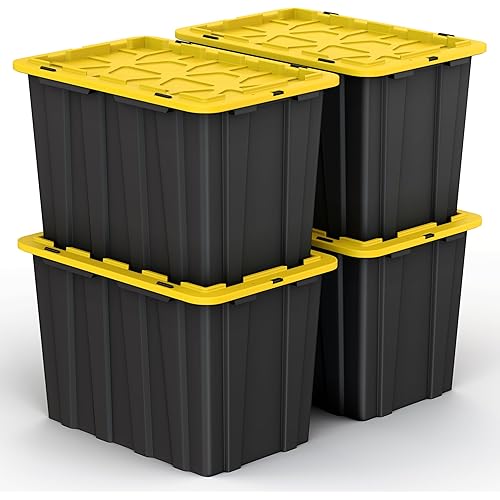 4 PACK of X-Large 23 Gallon Plastic Storage Bin Tote Organizing Container with Secure Latching Lids, Stackable, Extra Strength with Built in Handle - Black & Yellow