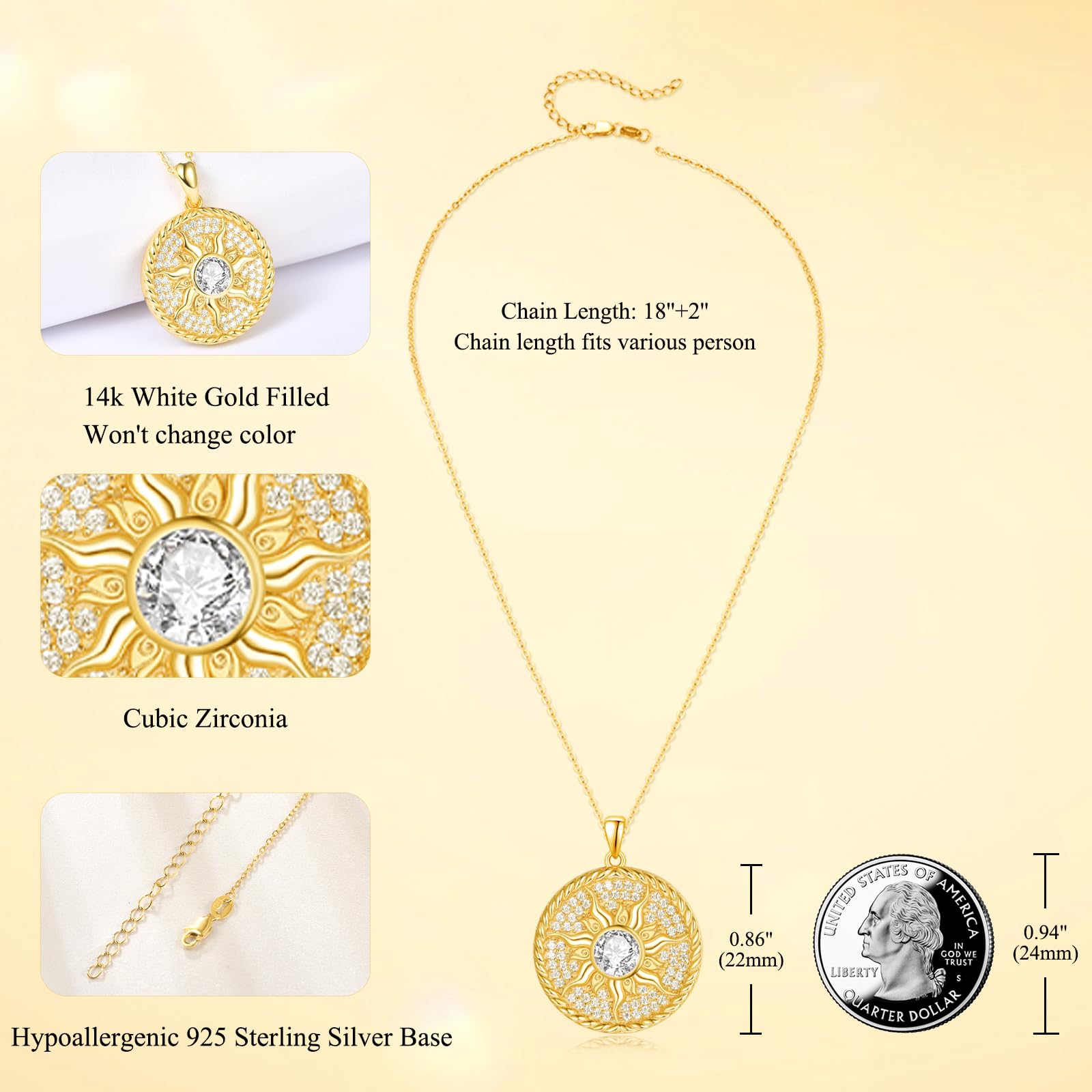 AENEAS 14 Karat vergoldete Sonnen-Halskette für Damen, 925er-Sterlingsilber, Geburtsstein, Sonne, Münze, Halskette, Sonnenschmuck, Geschenke für Frauen und Mädchen, Sterling Silber, Diamant