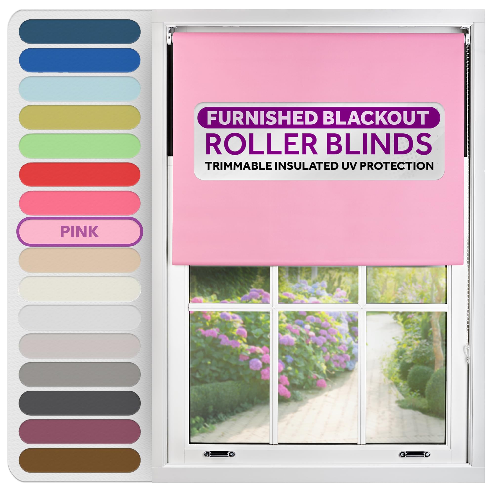 FURNISHED Roller Blinds Thermal Blackout Roller Blind - Trimmable Insulated UV Protection Child Safe Easy Fit Home Office Window Blinds, Pink, 45 cm Wide x 165 cm Long
