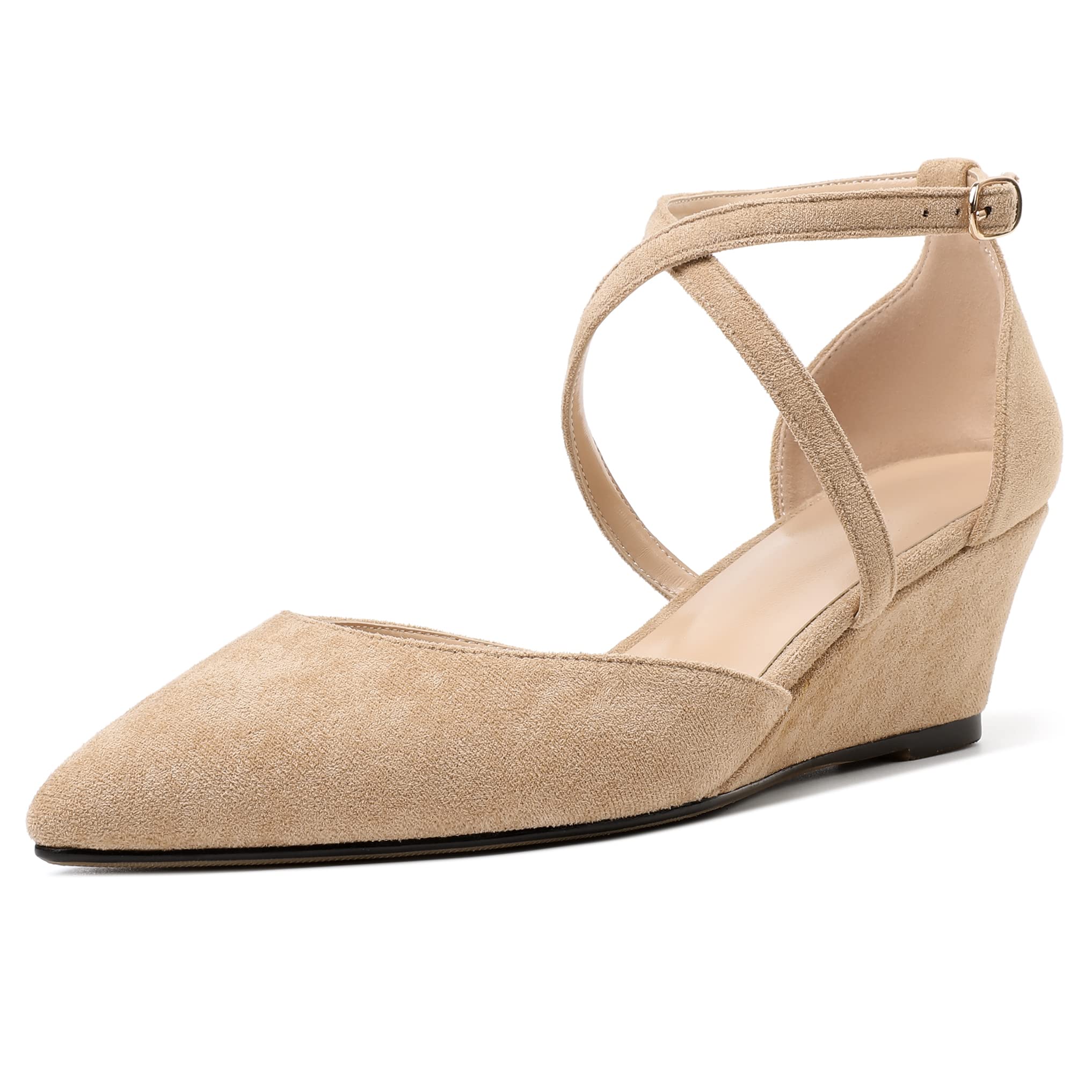 Eldof Women's Low Heel Wedge Pumps Pointed Toe Ankle Strap Crisscross 2 Inch Heeled Wedges Dress Shoes for Working Event Party