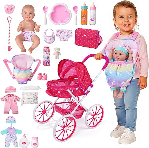 JIZHI Juego de 24 cochecitos de muñeca con muñeca y portabebés, accesorios de muñeca para alimentar, vestirse y jugar sobre la marcha, regalo de