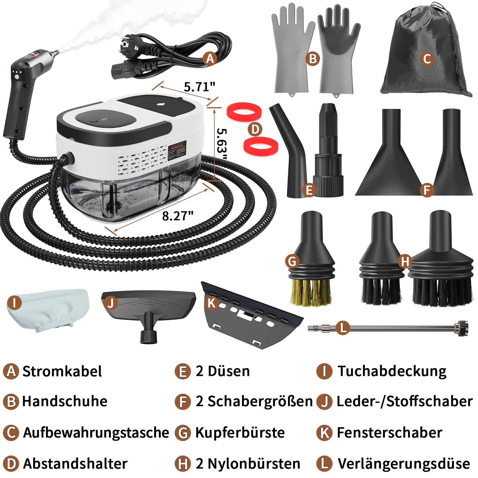 Dampfreiniger Handgerät, 2500W Handdampfreiniger mit 1,6-Liter-Wassertank, 15 Sekunden Aufheizzeit, Dampfabgabe vom Handgriff aus, 16 Zubehörteilen, Steam Cleaner für Alles, Autos, Weiß