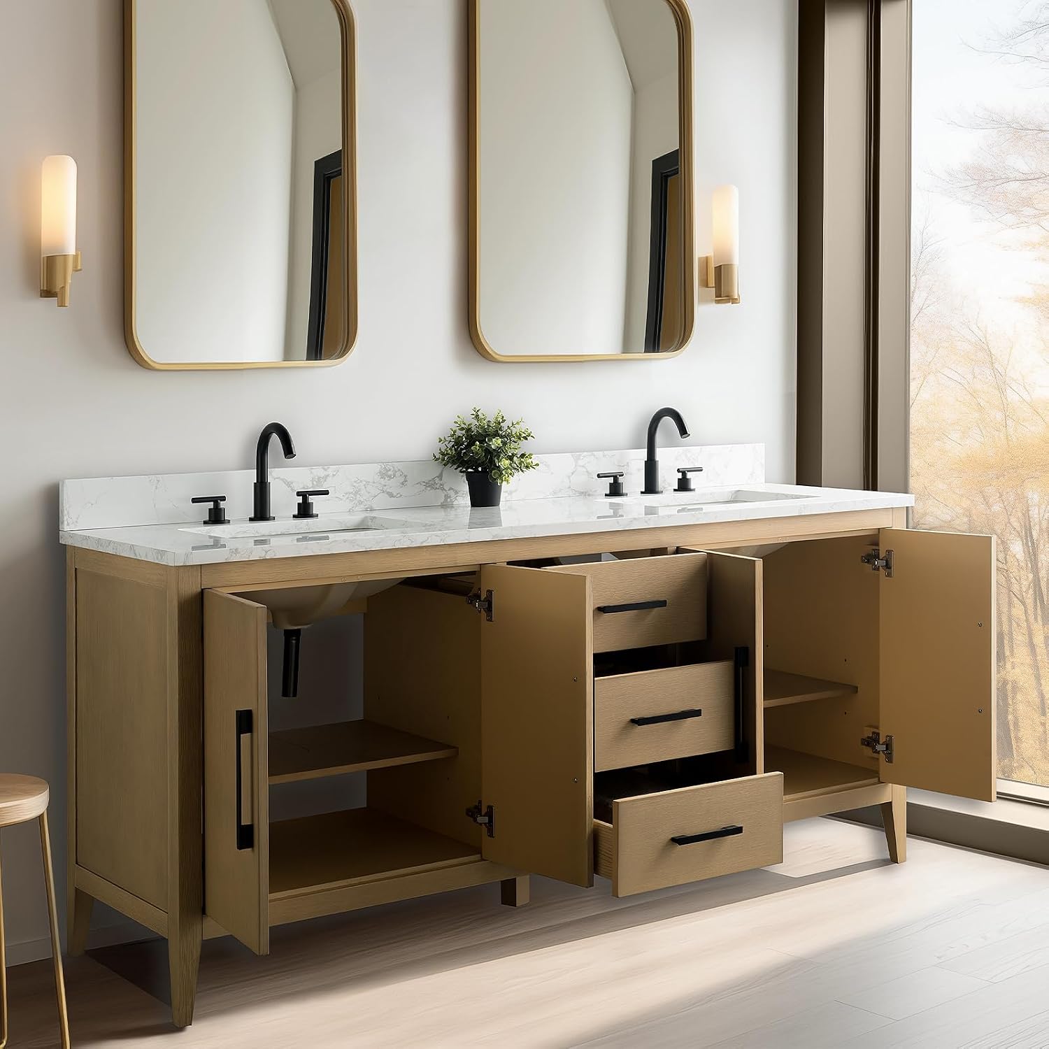 Vanity Art 72 inch Bathroom Vanity with Double Sink & Ceramic Top, Vanity Cabinet with Soft-Closing Doors, Drawers, Solid Wood Frame, Natural Oak, Golden Brushed Handware