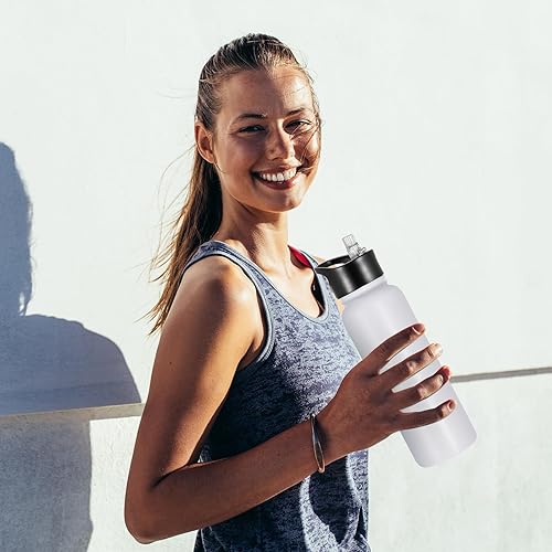 Miniatura 6 de Botella de agua aislada de 40 onzas con pajilla, botellas de agua deportivas de acero inoxidable con 2 tapas (pajilla y tapa de boca ancha),