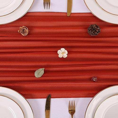 Miniatura 3 de SAJOO 4 caminos de mesa de gasa terracota de 30 x 120 pulgadas, rústicos y bohemios, manteles de gasa transparente de 10 pies para decoración de