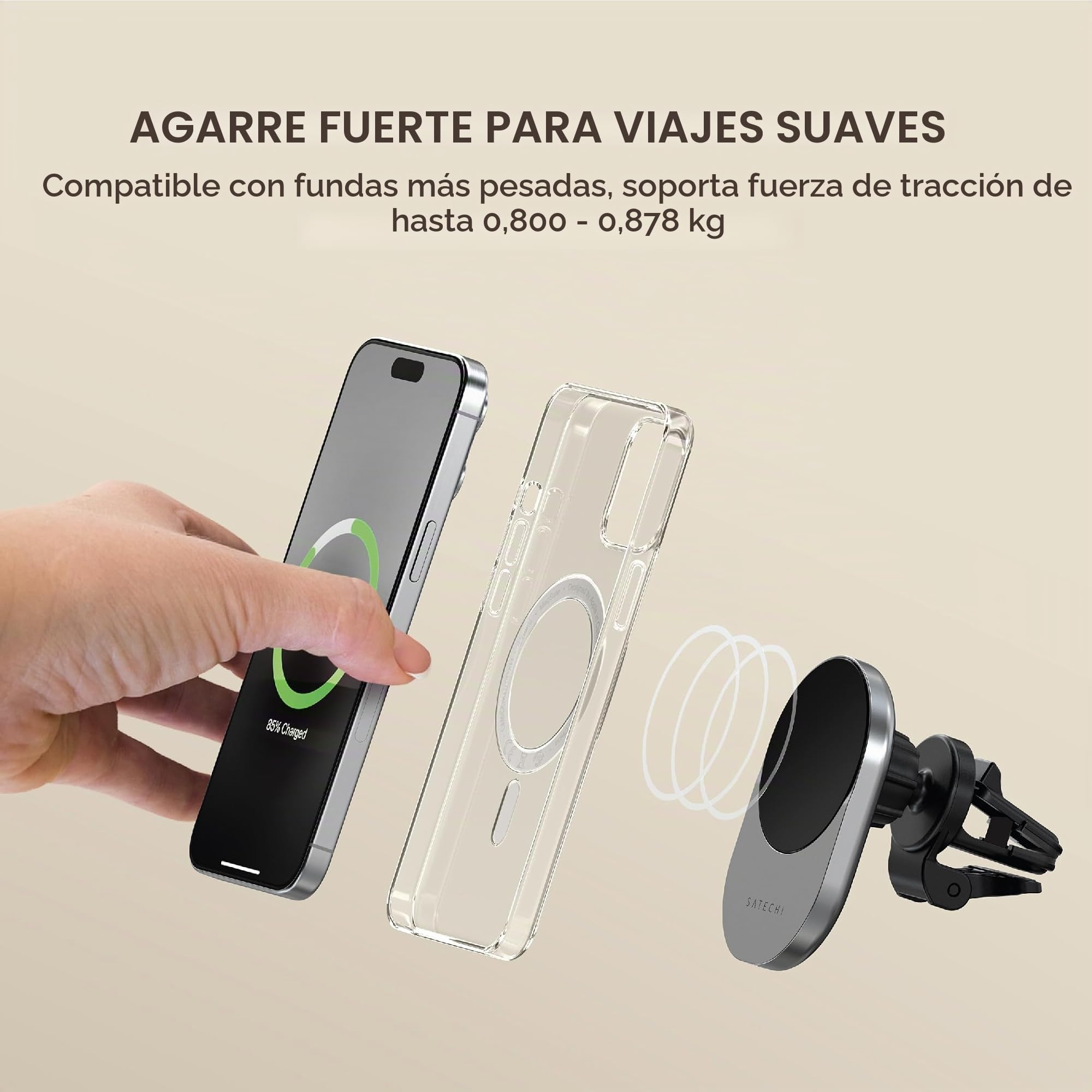 SATECHI Cargador Inalámbrico Qi2 para Coche, Soporte Magnético de Teléfono para Rejillas de Aire, Carga Rápida 15W, Compatible con Series iPhone 17 16 15 a 12