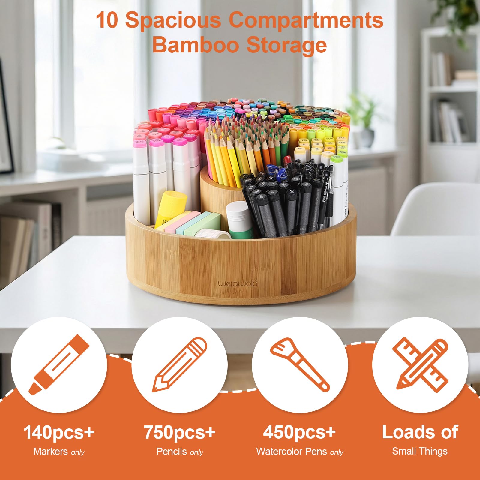 walowalo Organizer rotante in bambù per articoli artistici, contiene oltre 800 matite rotanti, supporto per pastelli rotanti, regalo di Natale, per ufficio, classe, organizzazione cancelleria, 25,4 cm