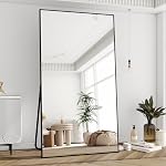 BEAUTYPEAK 21"x56" Full Length Mirror with Stand, ShatterVue Tempered Full Body Mirror, Floor Mirror with Aluminum Alloy Thin Frame, Free Standing or Wall-Mounted Mirror for Living Room, Black