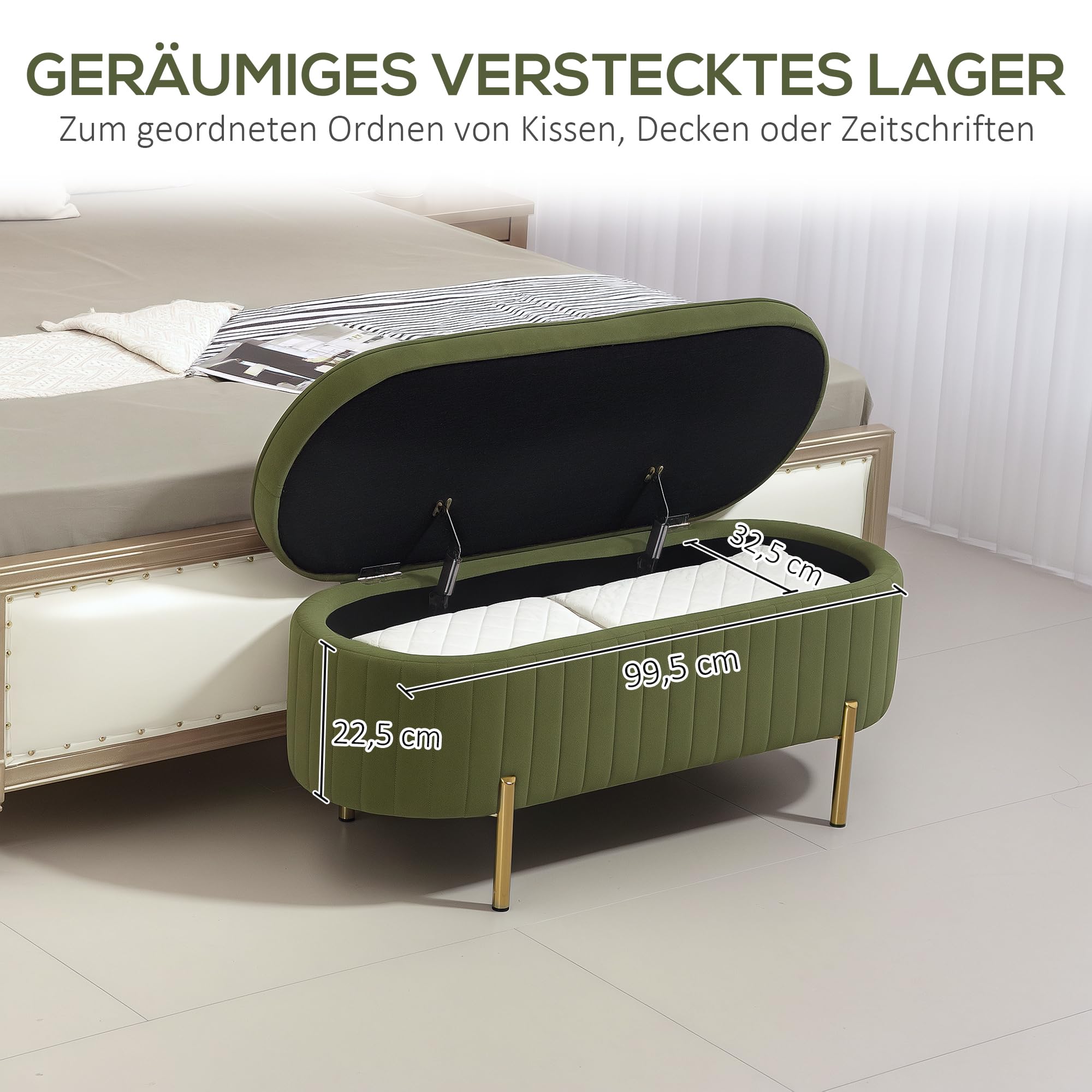 HOMCOM Sitzbank mit Stauraum, Klappdeckel 108 x 44 x 43,5 cm Grün | Polsterbank, Samtoptik, Bettbank Sitztruhe mit Metallbeine, Truhenbank für Flur, Wohnzimmer, Schlafzimmer