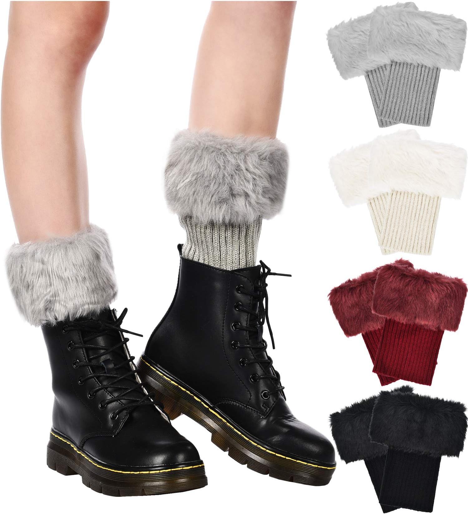 4 Pairs Women Faux Fur Leg Warmers for Winter - Furry Fuzzy Knitted Boot Socks