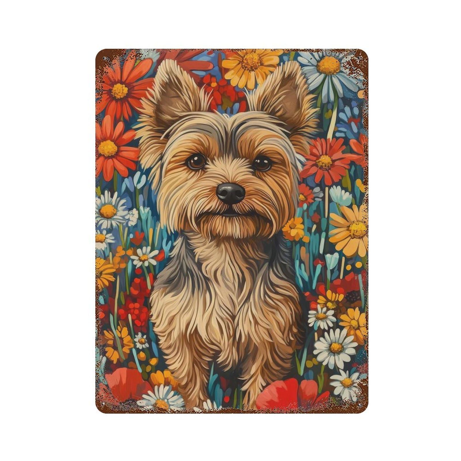 Yorkshire Terrier in Flowers Dog Wall Art Print Rusty Metal Tin Sign 15.7"x11.8", Classic Wall Plaque for Pub, Kitchen And Man Cave Decor