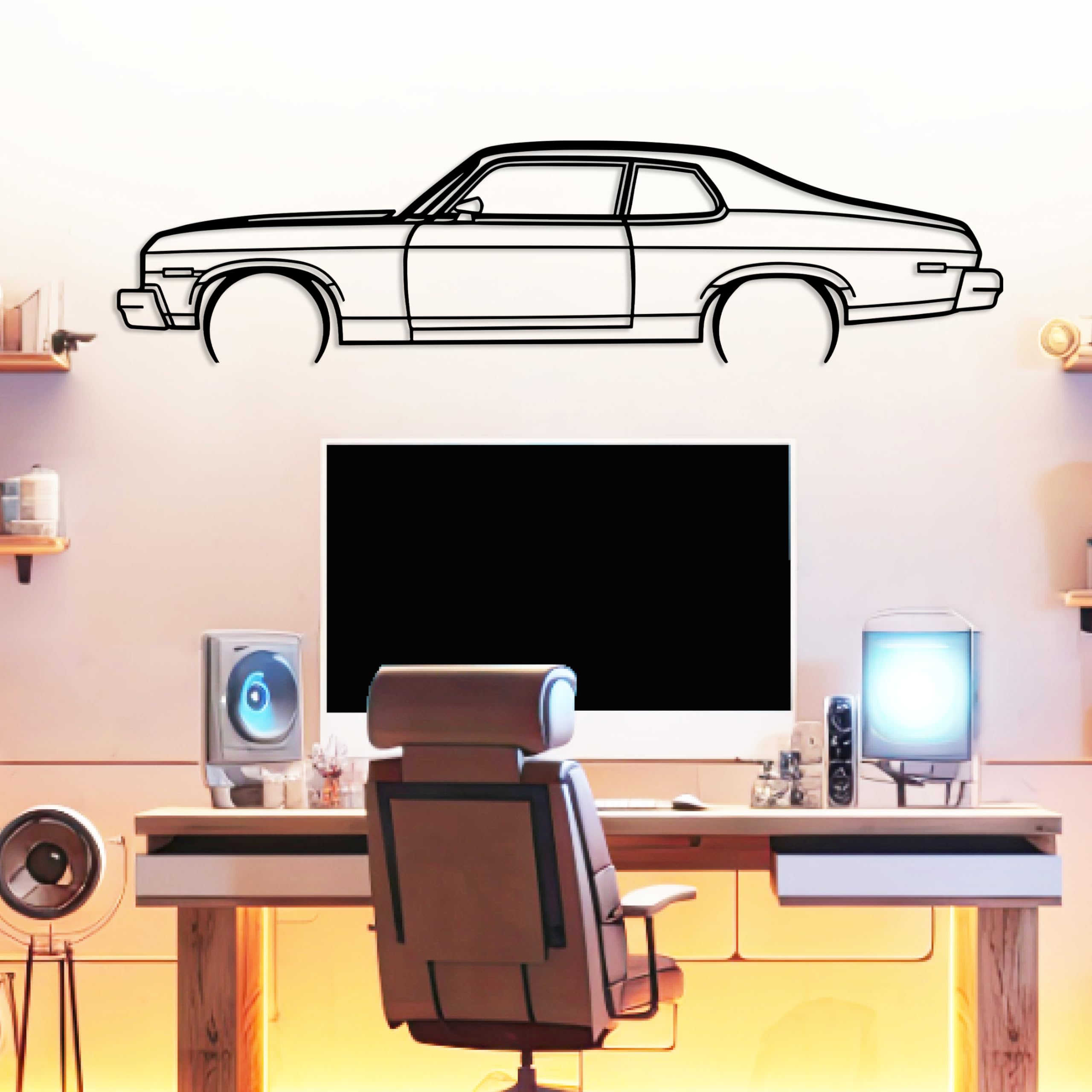 Nova 1974 Model Silhouette Metal Car Wall Art, Sports Car, Automotive Silhouette Line Decoration, Minimalist Sculpture for Garage, Man Cave, Indoor Outdoor Wall Decor, Gift for Boyfriend, Car Lovers (Black - 20 x 5” / 50 x 112cm)