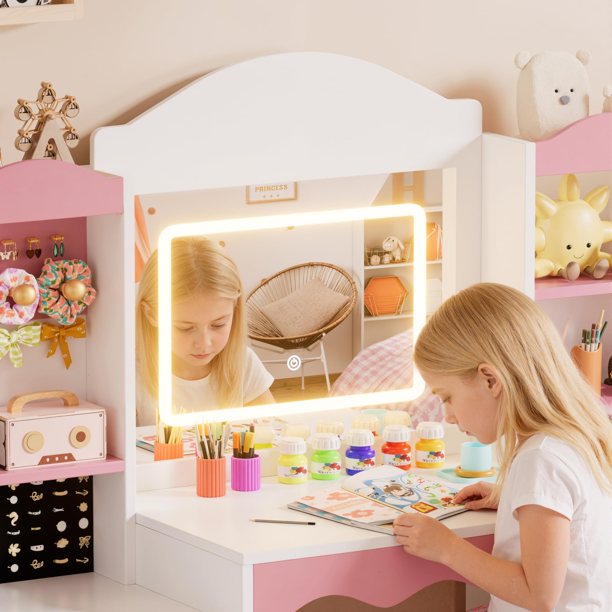 MSFE 2 en 1 Coiffeuse Enfants avec LED Miroir & Chaise, Coiffeuses en Bois avec Support pour Bijoux, Grand Rangement, Ensemble de Bureau Enfant, Table de Maquillage pour Chambre à Coucher