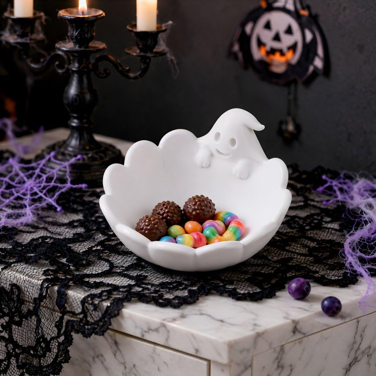Ghost Shaped Halloween Candy Server 6 Inch White Plastic Bowl