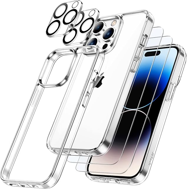 JETech [3 in 1] Case for iPhone 14 Pro Max 6.7-Inch, with 2-Pack Screen Protector and Camera Lens Protector, Non-Yellowing Shockproof Bumper Phone Cover, Full Coverage Tempered Glass Film (Clear)
