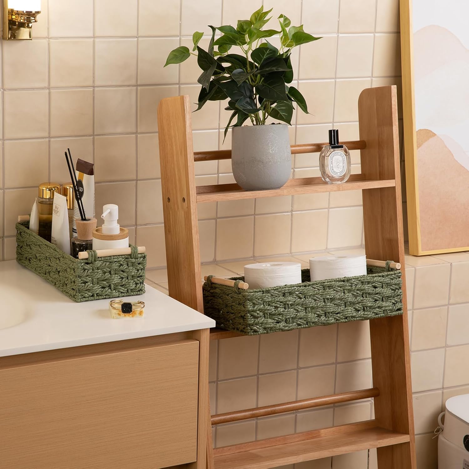 OIAHOMY Toilet Paper Baskets Handmade Paper Rope Decorative Wicker Storage Tank Shelf Cabinet Organizer for Bathroom Home, Set of 2, Green