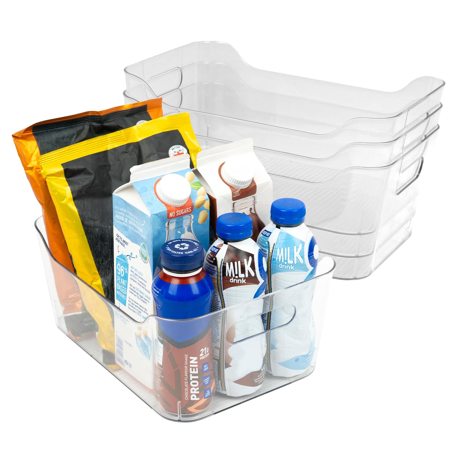 Amtido Clear Plastic Organiser Storage Large, 4 Pack (28.5 x 20.6 x 13 cm) – Durable, BPA-Free PET Fridge Organisers with Handles - Nestable Tray Storage for Kitchen, Fridge, Pantry, Bathroom