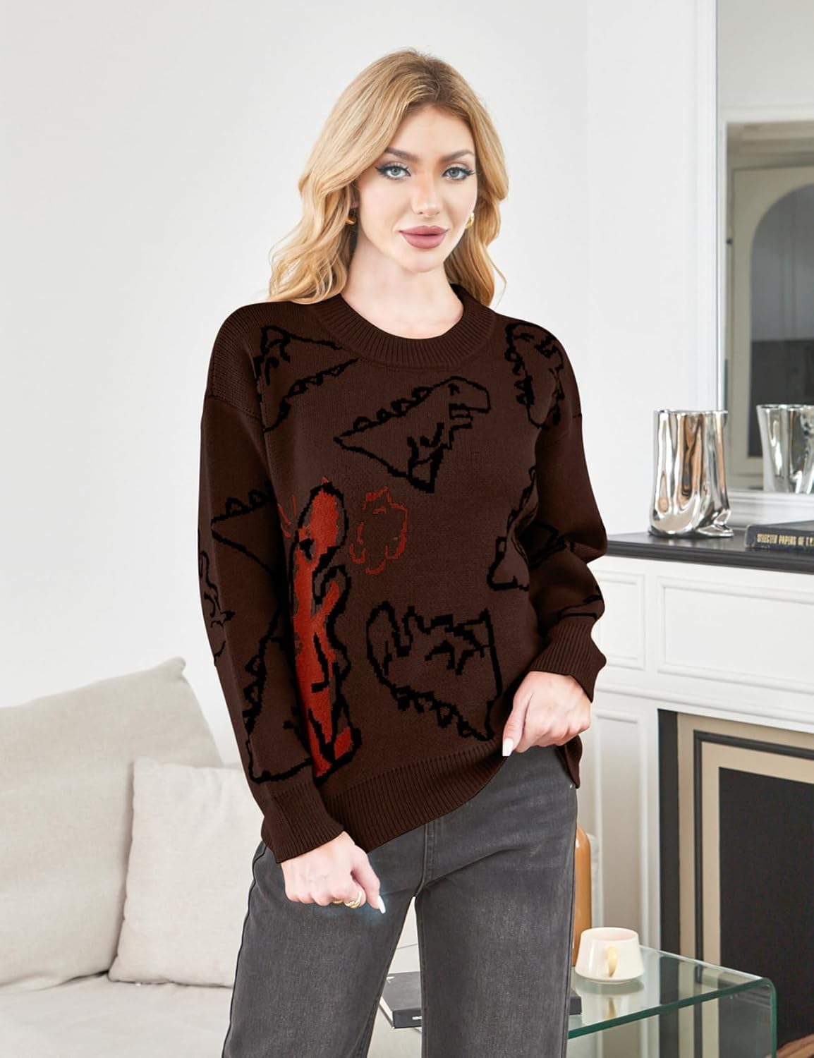 Gihuo Women Dinosaur Oversized Sweater Graphic Crewneck Knitted Pullover Casual Loose Fit Jumper Tops - Image 2