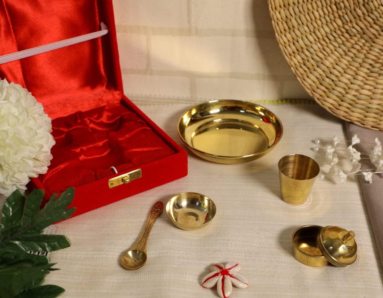 Pure Brass Pooja Thali Set | Brass Plate Size - 4 inches (Plate, Small Glass, Spoon, Bowl, vermilion box) (WITH GIFT BOX)