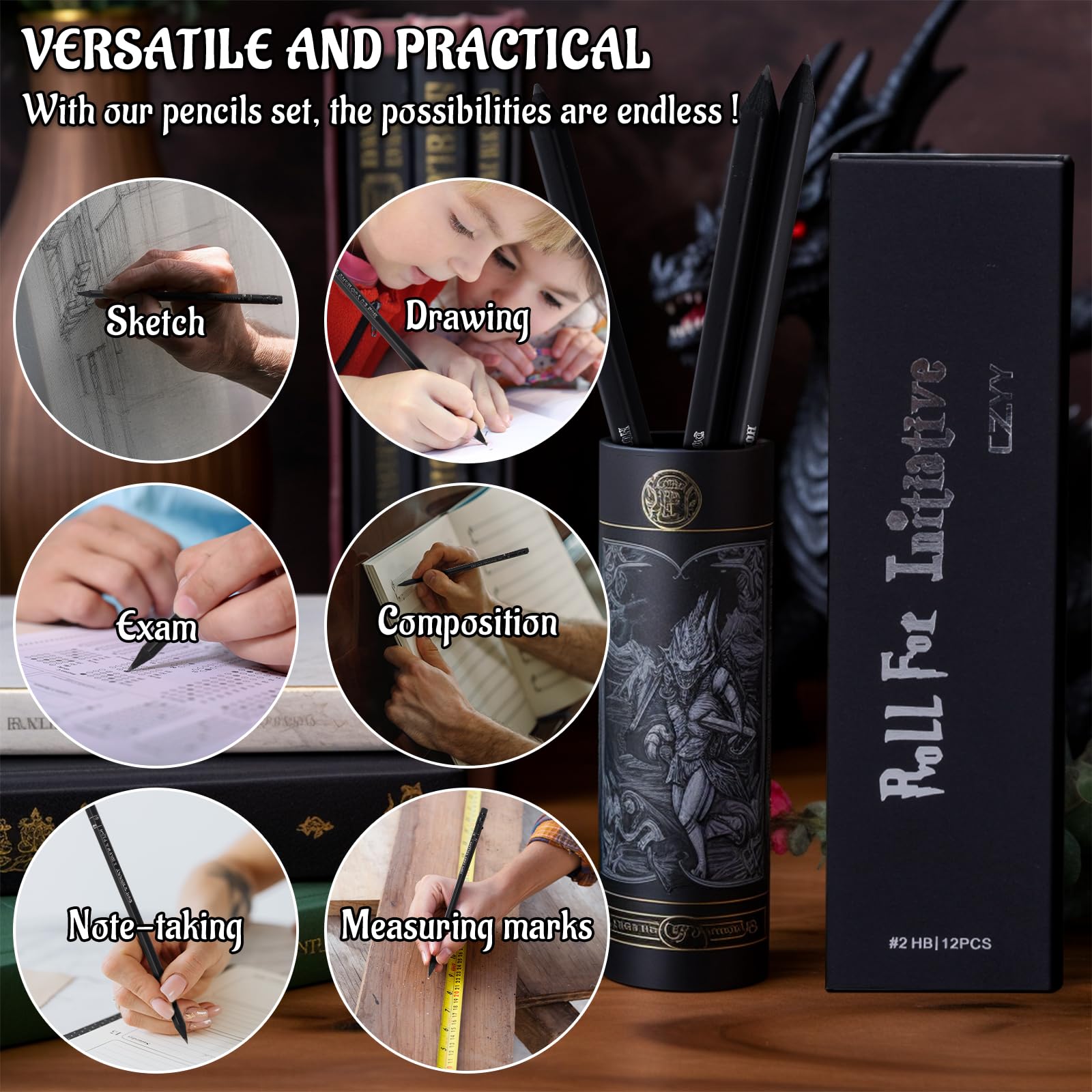 DND Bleistifte Set mit 12 Stück – Silberfolienprägung mit RPG-Slogans & D6-Würfelzahlen – Hexagon 2HB Tisch-Gaming-Bleistift mit Radiergummi – Must-Have-Werkzeuge, Zubehör und Geschenke für DM und