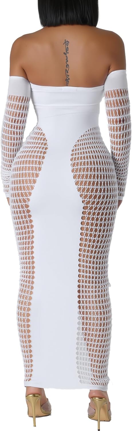 Women's Dress Sexy Club Dress Elegant Long Sleeve Off Shoulder Hollow Out Mesh Bodycon Party Dresses - Image 4