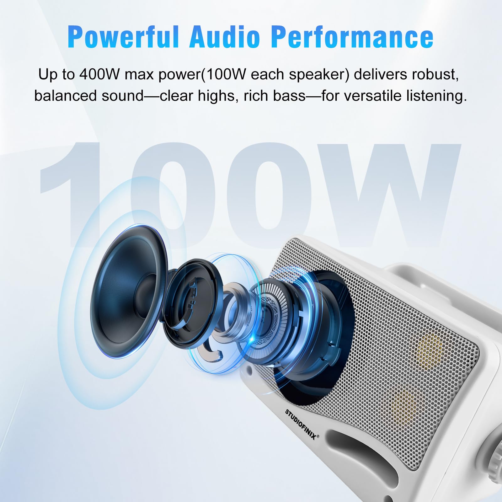 STUDIOFINIX Lot de 2 paires d'enceintes Bluetooth filaires étanches de 8,9 cm - 400 W - Support mural de qualité supérieure - Système sonore puissant et durable pour terrasse, intérieur, garage (blanc