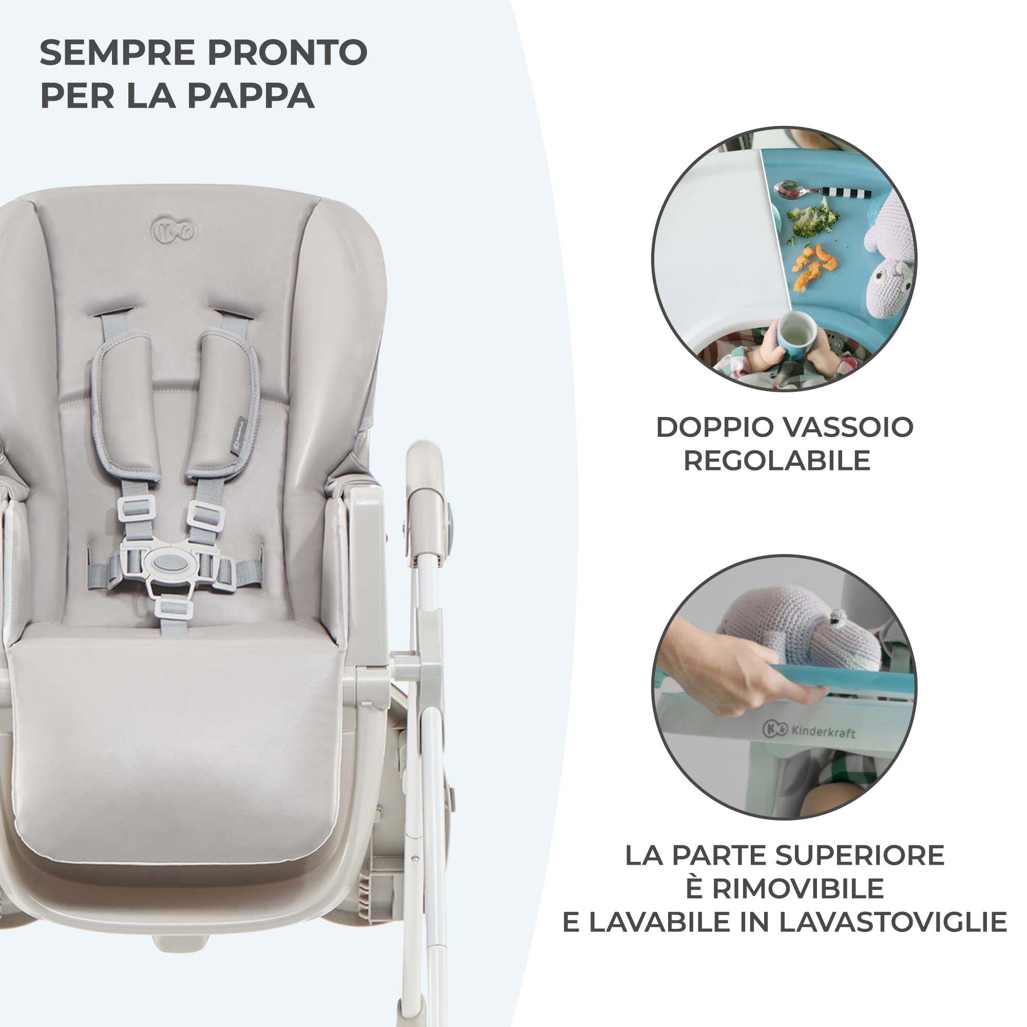 Kinderkraft YUMMY Seggiolone Pappa, Regolabile, Pieghevole, Ripiano Smontabile, per Bambini da 6 Mesi fino a 3 Anni, Grigio