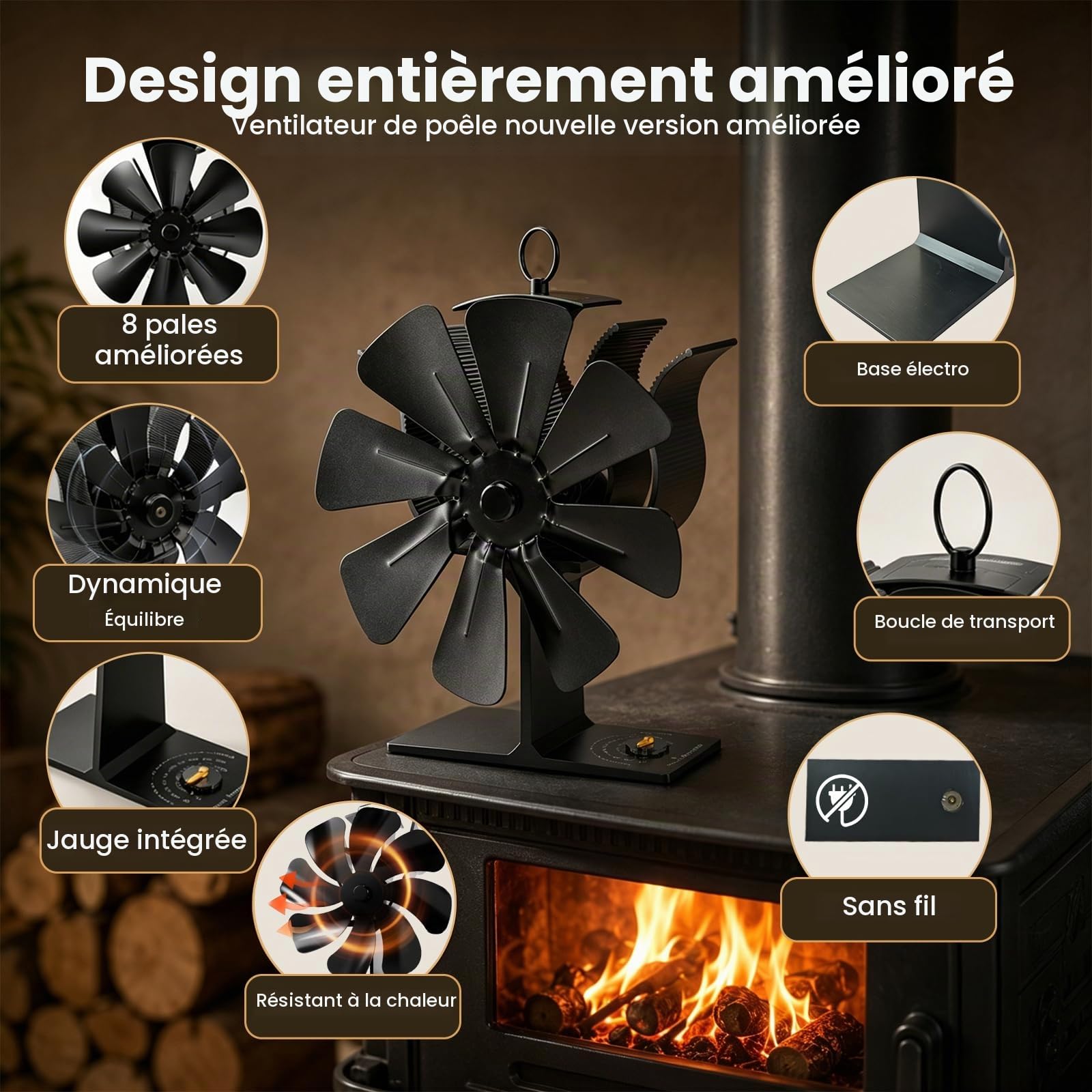 Ventilateur Poele à Bois, Ventilateur Poele à Granulés sans Électricité