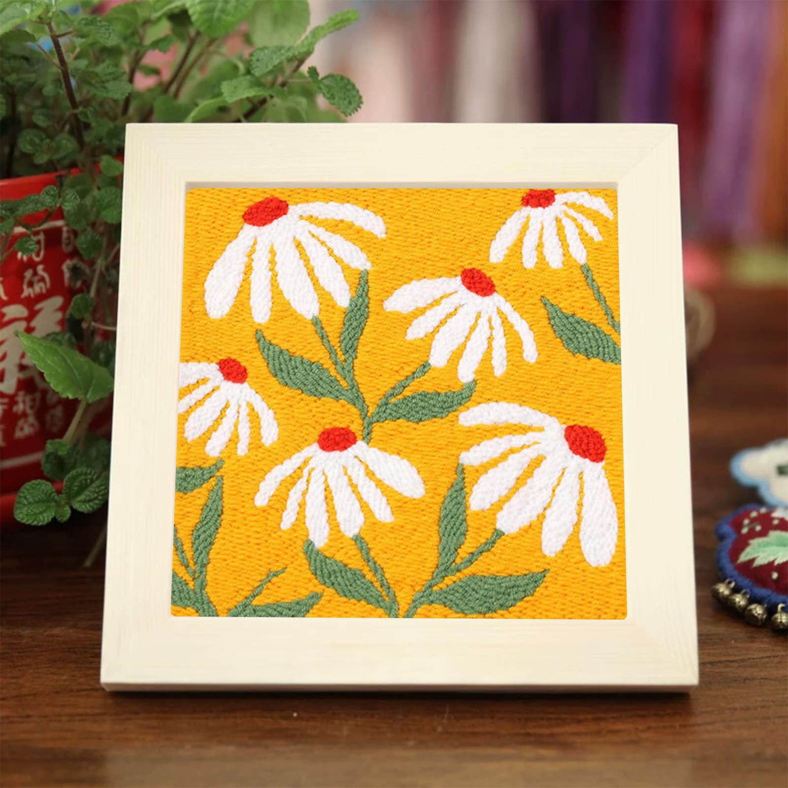 Allazone Punch Needle Starter Kit, Punch Needle Embroidery Kit Frame, Square Fabric with Flower Pattern, Hoop, Yarns (Orange and White) - Image 3