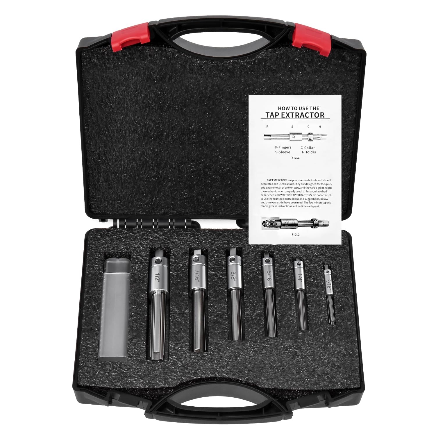 18001 4 Flute Tap Extractor Set with Square Shank, Compatible with Walton Tools, 6-in-1 Heavy-Duty Steel Tool for Broken Taps 3/16" to 1/2", Includes 6-Compartment Case - Black