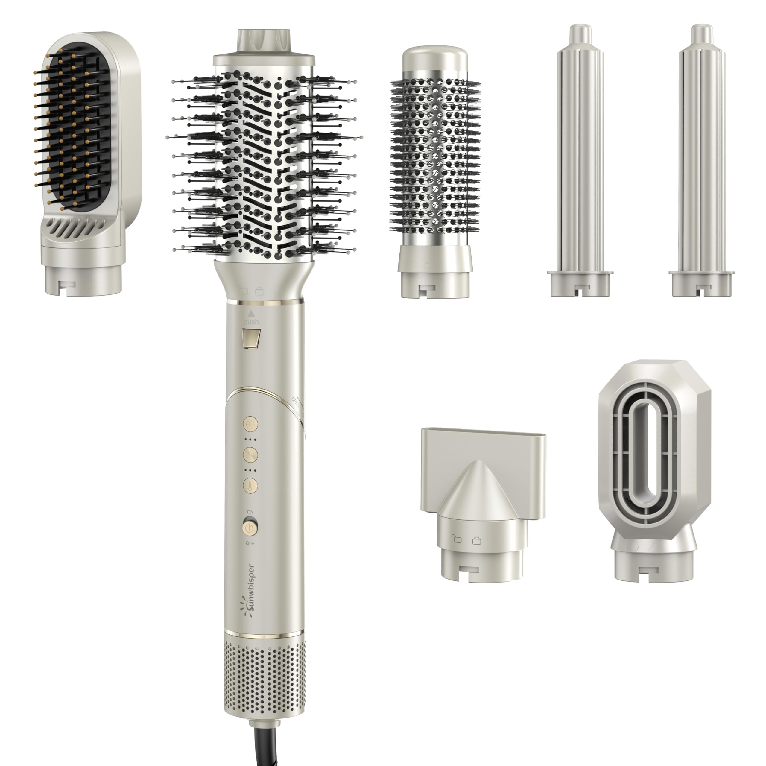 Hair Dryer Brush 7 in 1 Professional Hot Air Styler, 110,000 RPM High Speed Negative Ionic Dryer, Straightener Comb & 2 Auto Wrap Curlers, 2 Concentrator, Oval & Round Styling Brush