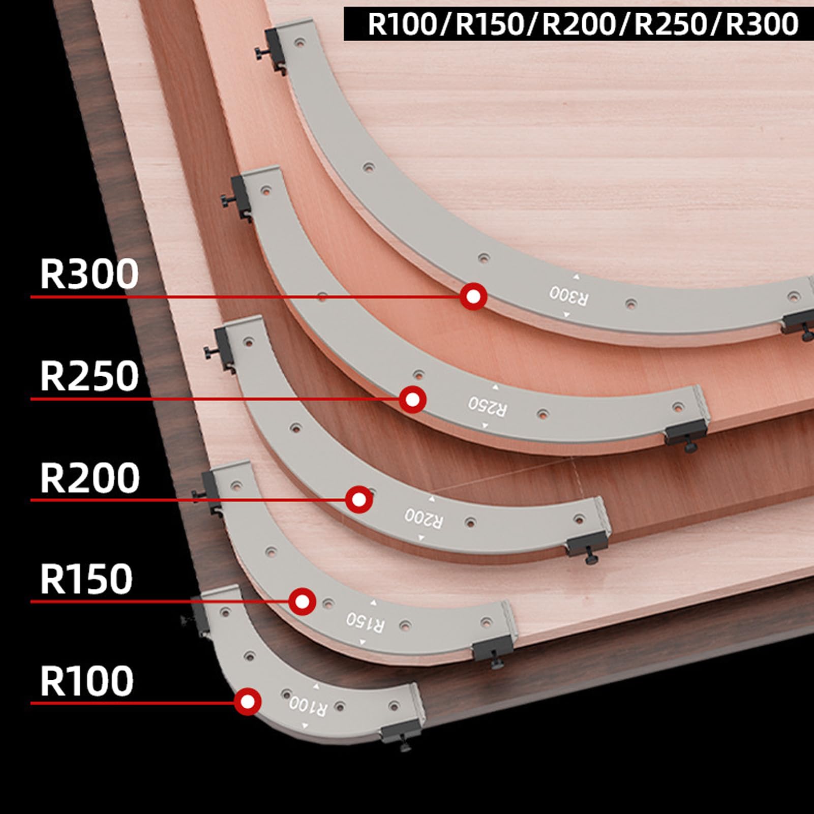 5PCS Obróbka Drewna Szablony Promienia Rogu, R100, R150, R200, R250, R300, Radiusz ROUTER do Obróbki Drewna, Materiału z Tworzywa Sztucznego, Wewnątrz Szablonów Routingu