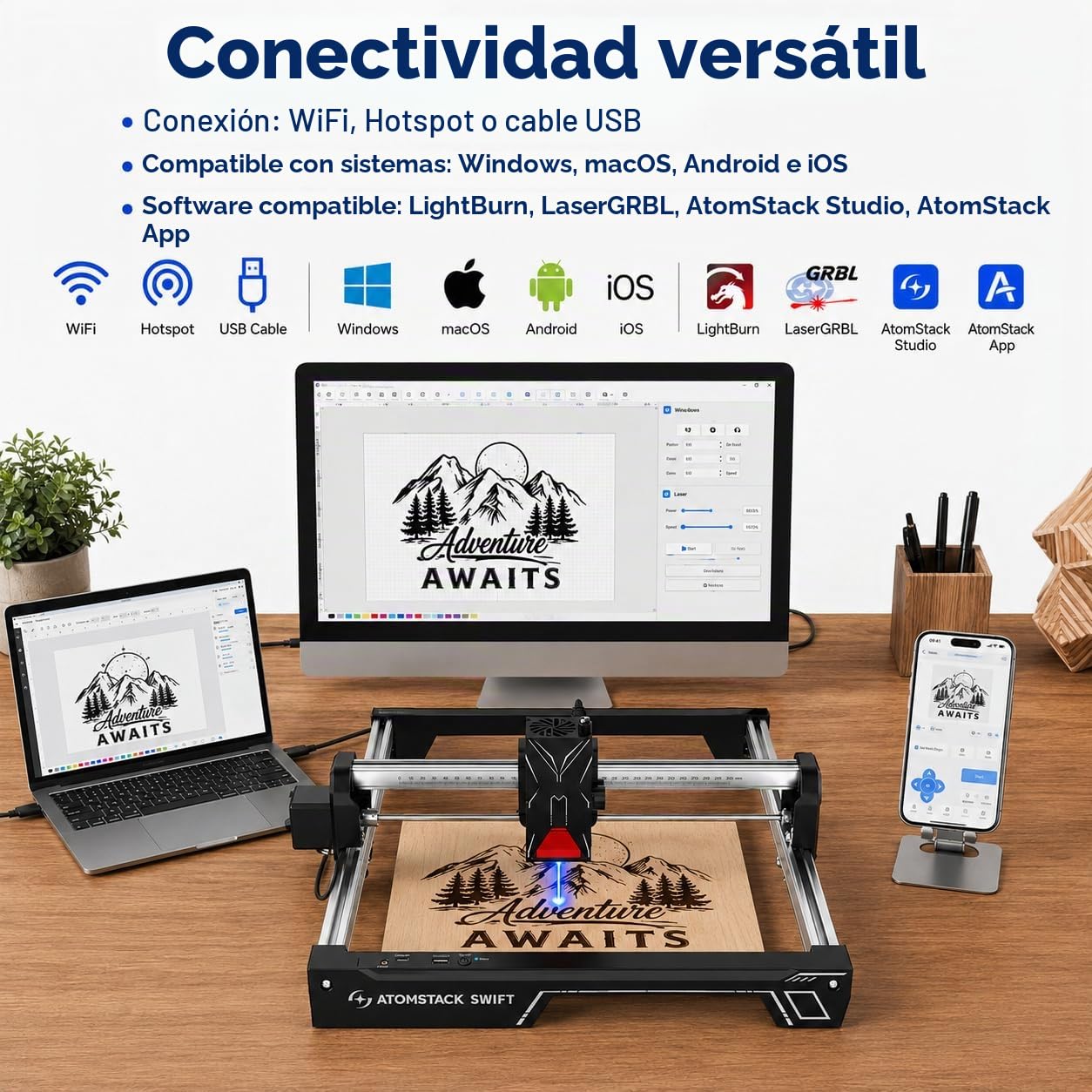Grabador Láser ATOMSTACK Swift para Principiantes, Cortadora Láser de 7000mW, Área de Trabajo de 300×300mm, Máquina de Grabado Láser de Alta Precisión para Madera, Cuero, Metal Recubierto (Swift 7W)