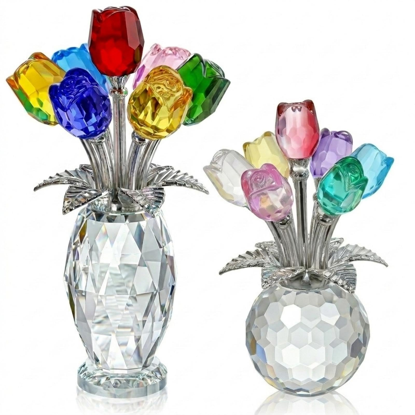 Juego de 2 figuras coloridas de rosas de cristal sólido para regalo